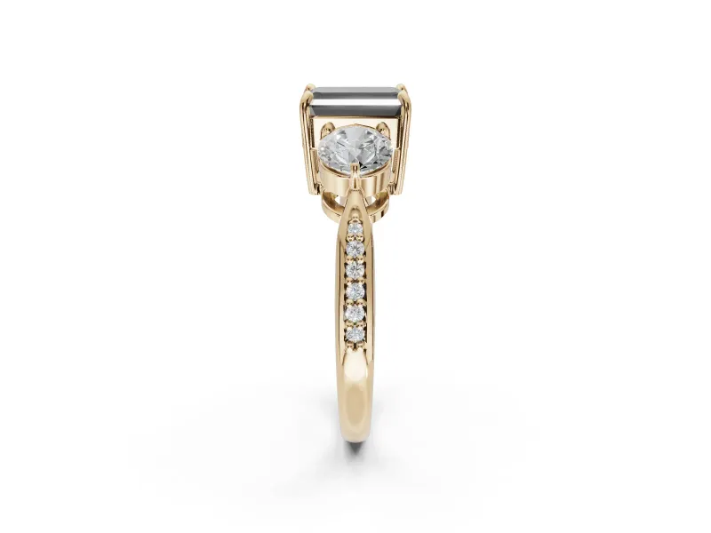 Emerald Cut Three Stone Engagement Ring Setting for a Black Center | Tapered Pavé Band | Yellow Gold