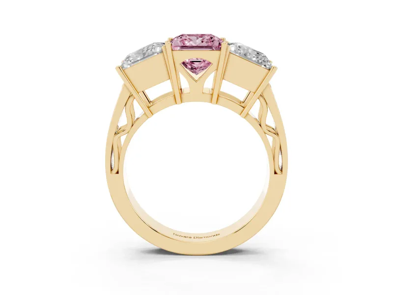 Princess Cut Three Stone Engagement Ring Setting for a Fancy Pink Lab-Grown Diamond | Beaded Shoulders | Yellow Gold