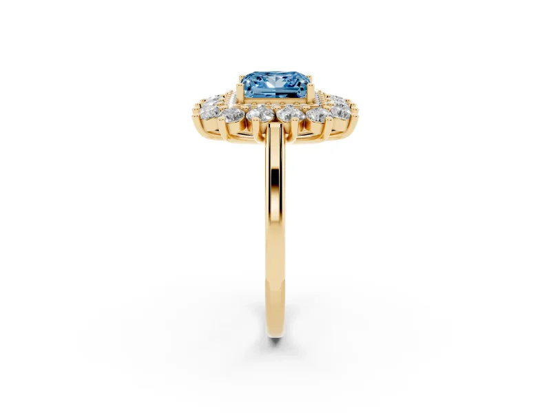 Princess Cut Floral Double Halo Engagement Ring Setting for a Fancy Blue Lab-Grown Diamond | Plain Band | Yellow Gold