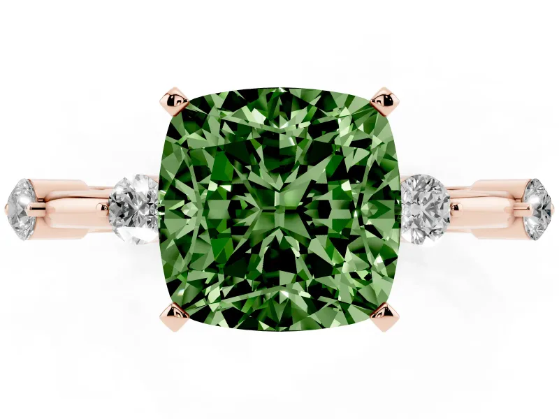 Fancy Green Cushion Cut Diamond Solitaire Ring Set in Rose gold with Bezel Set Side Stones and Prong Setting