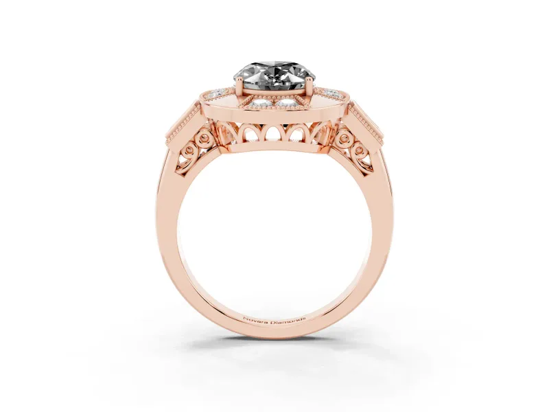 Oval Milgrain Sectioned Halo Engagement Ring Setting for a Black Center | Rose Gold