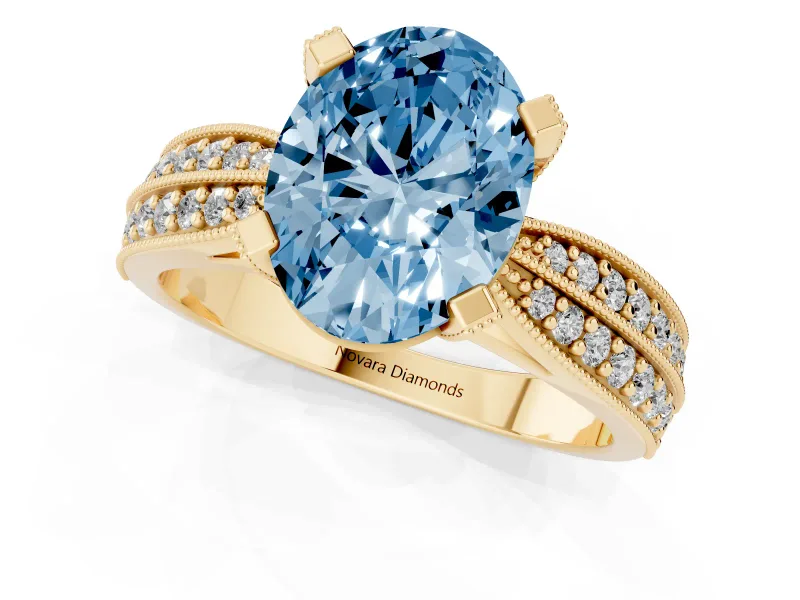 Oval Milgrain Solitaire Engagement Ring Setting for a Fancy Blue Lab-Grown Diamond | Yellow Gold