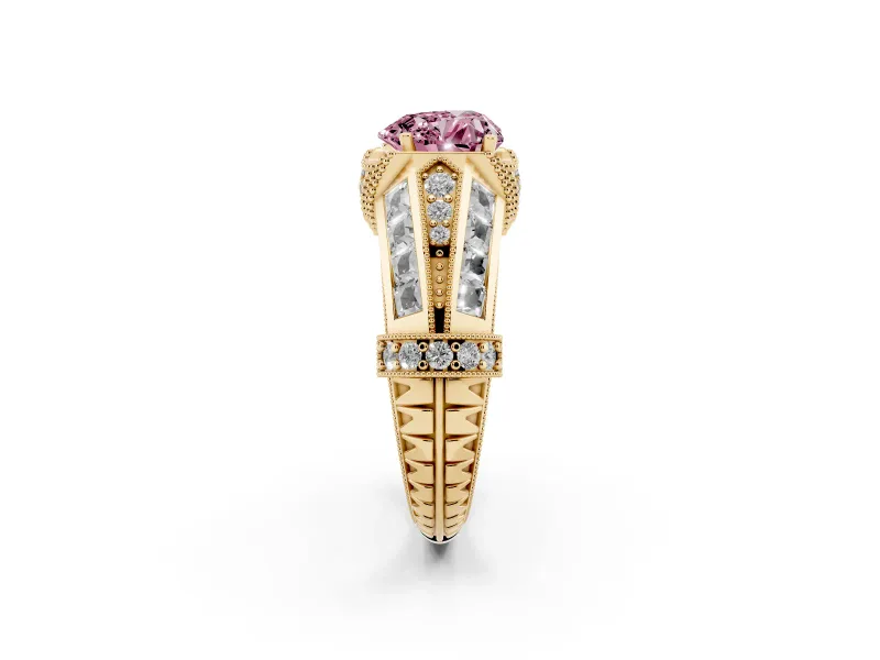 Fancy Pink Heart Cut Diamond Vintage-Inspired Milgrain Ring Set in Yellow gold with Accent Split Shank