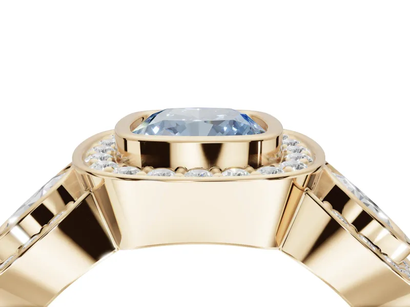 Cushion Cut Three Stone Halo Engagement Ring Setting for a Fancy Blue Lab-Grown Diamond | Bezel Set | Yellow Gold