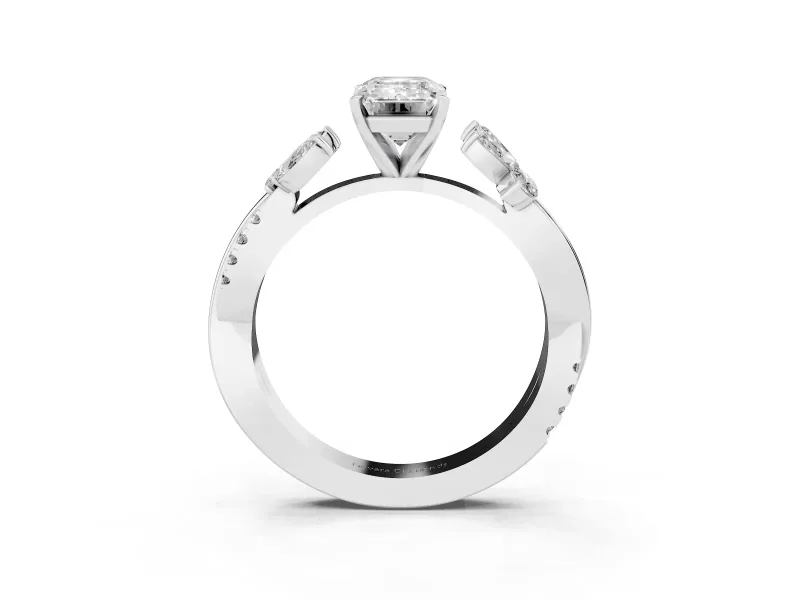 Emerald Cut Diamond Floral Vine Solitaire Engagement Ring Set in Silver with Marquise Leaves