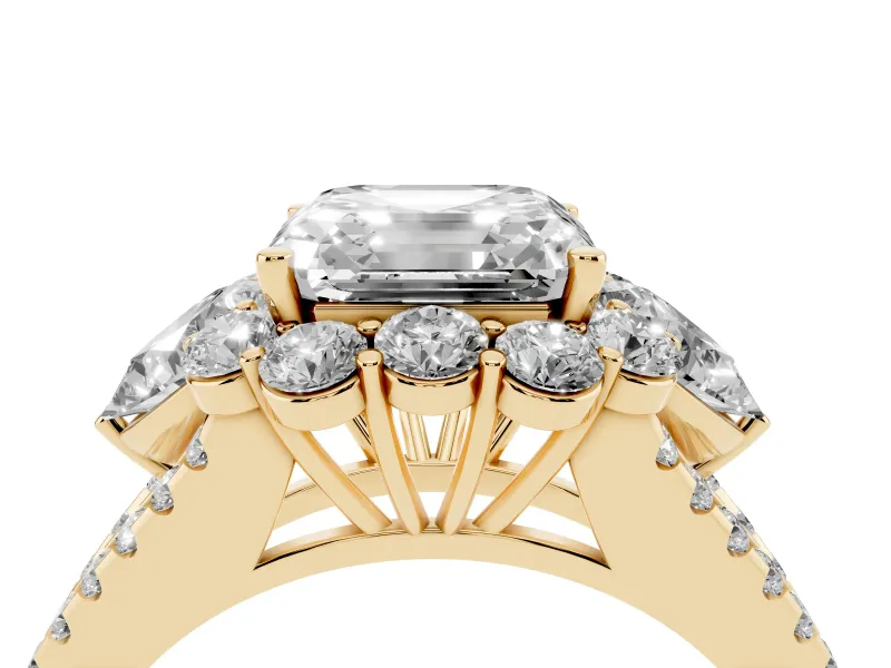 Asscher Cut Scalloped Halo Engagement Ring Setting | Pear Side Stones | Yellow Gold