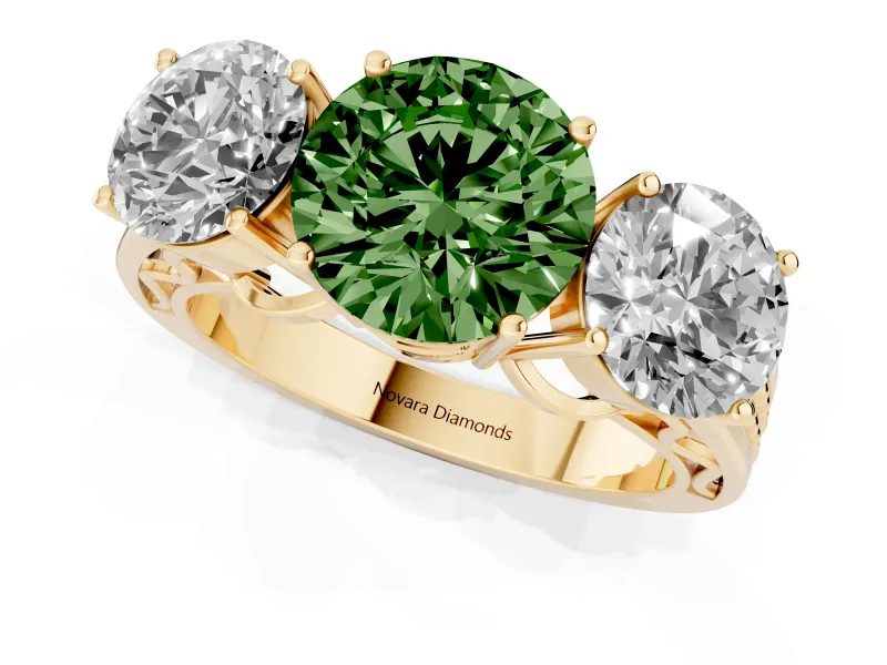 Round Engagement Ring Setting for a Fancy Green Lab-Grown Diamond | Three Stone | Yellow Gold