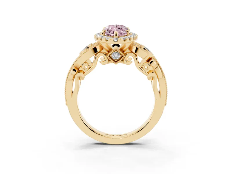 Fancy Pink Marquise Cut Diamond Halo Ring Set in Yellow gold with Milgrain Pavé Band and Prong Setting