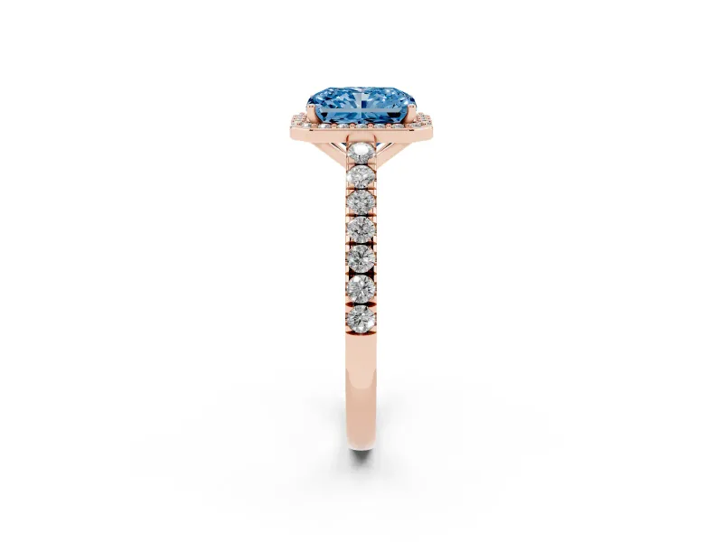 Fancy Blue Radiant Cut Diamond Halo Engagement Ring Set in Rose gold with Pavé Band and Prong Setting