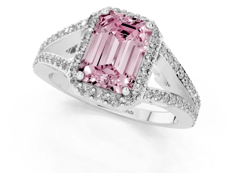 Emerald Cut Halo Engagement Ring Setting for a Fancy Pink Lab-Grown Diamond | V-Split Pavé Band | Sterling Silver