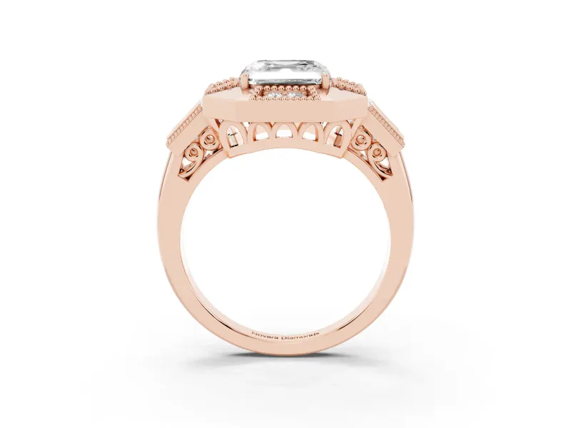 Asscher Cut Milgrain Sectioned Halo Engagement Ring Setting | Square-Framed Sides | Rose Gold