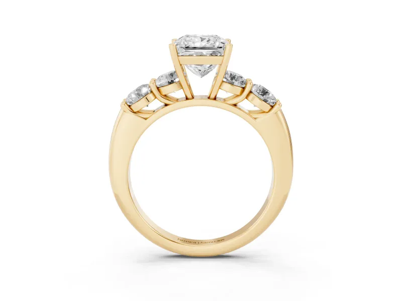 Princess Cut Five Stone Engagement Ring Setting | Prong Set Side Stones | Yellow Gold