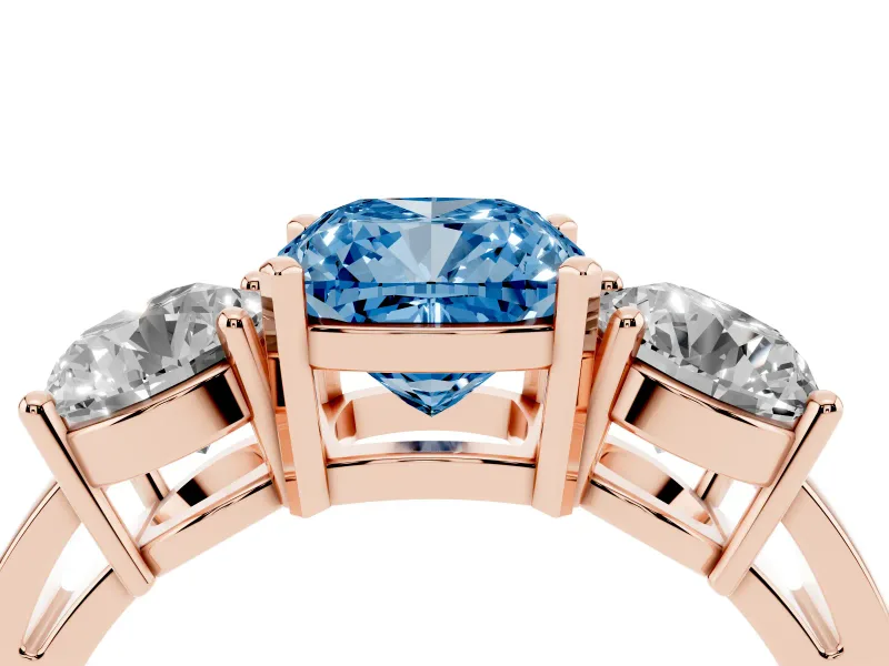 Cushion Cut Three Stone Engagement Ring Setting for a Fancy Blue Lab-Grown Diamond | Wide Plain Band | Rose Gold