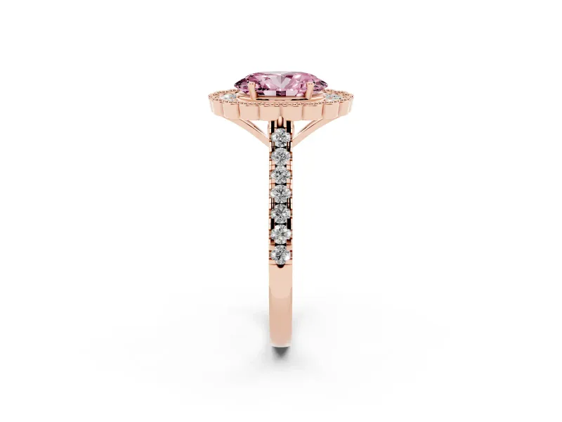 Fancy Pink Oval Cut Diamond Milgrain Floral Halo Engagement Ring Set in Rose gold with Pavé Band