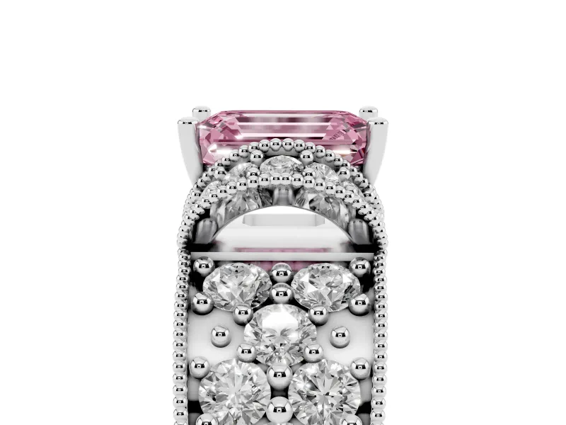 Emerald Cut Vintage Pave Engagement Ring Setting for a Fancy Pink Lab-Grown Diamond | Milgrain Edges | Sterling Silver