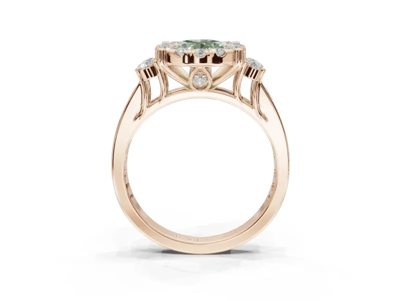 Oval Halo Engagement Ring Setting for a Fancy Green Lab-Grown Diamond | Side Clusters | Rose Gold