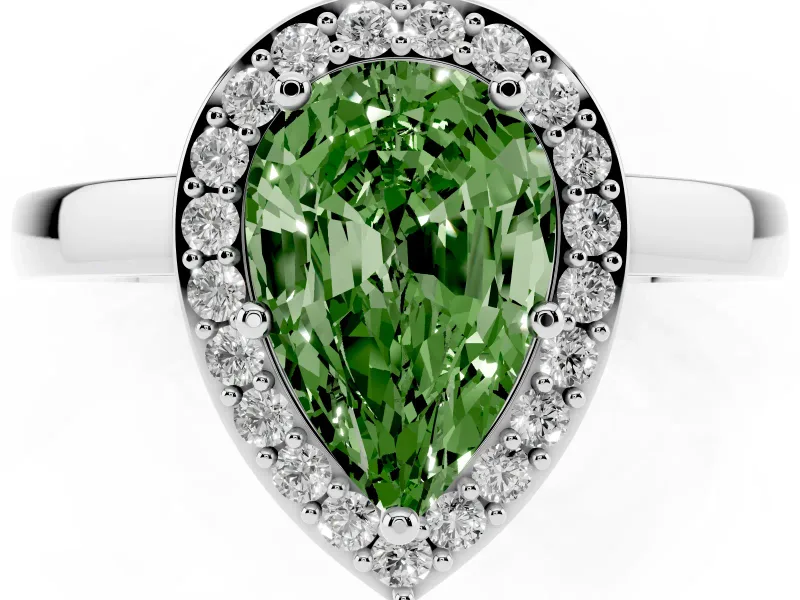 Fancy Green Pear Cut Diamond Halo Ring Set in Silver with Solitaire Band and Prong Setting