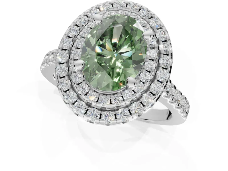 Fancy Green Oval Lab-Grown Diamond Double Halo Statement Ring Set in Platinum with Pavé Band