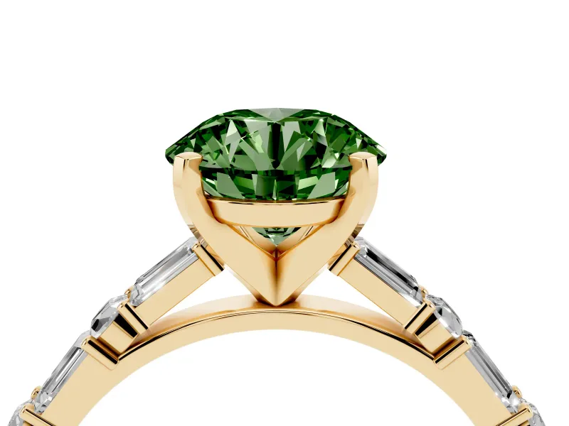 Round Baguette Side Stone Engagement Ring Setting for a Fancy Green Lab-Grown Diamond | Yellow Gold