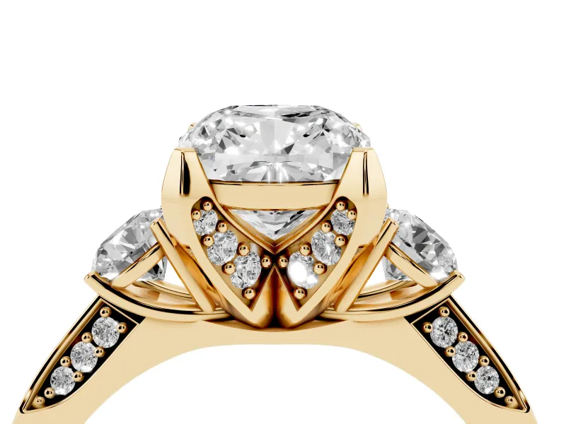Cushion Cut Hidden Halo Three Stone Engagement Ring Setting | Pave Gallery | Yellow Gold