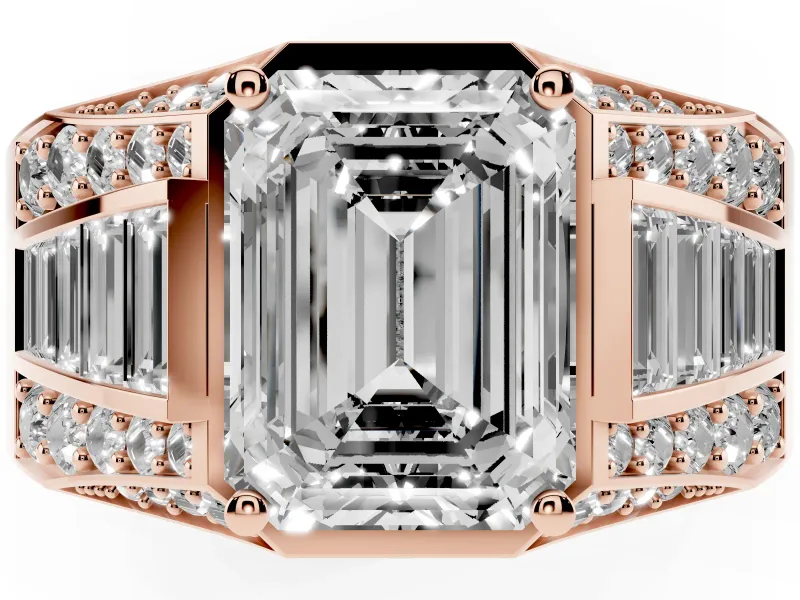 Emerald Cut Men's Graduated Baguette Engagement Ring Setting | Raised Frame Head | Rose Gold