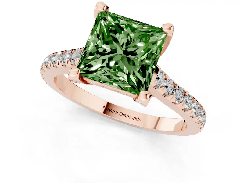 Princess Cut Hidden Halo Pave Engagement Ring Setting for a Fancy Green Lab-Grown Diamond | Claw Prongs | Rose Gold