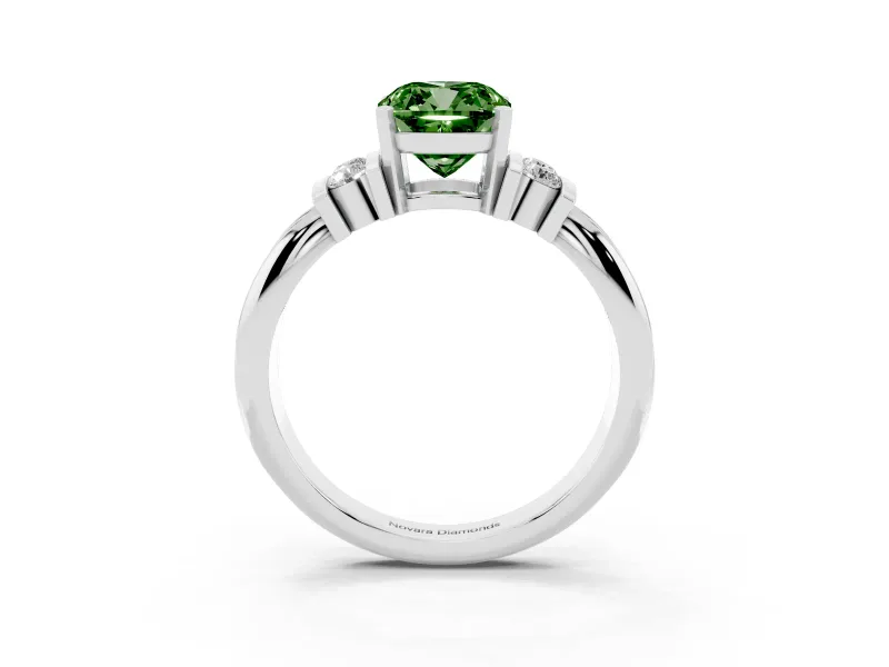 Fancy Green Three-Stone Cushion Cut Diamond Channel Set Ring Set in Platinum with Bar Prongs