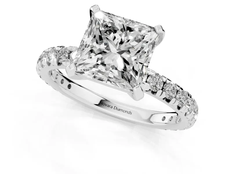 Princess Cut Diamond Pavé Solitaire Ring Set in Platinum with Round Band and Prong Setting