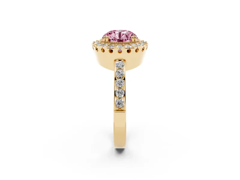 Round Vintage Milgrain Halo Engagement Ring Setting for a Fancy Pink Lab-Grown Diamond | Pierced Gallery | Yellow Gold