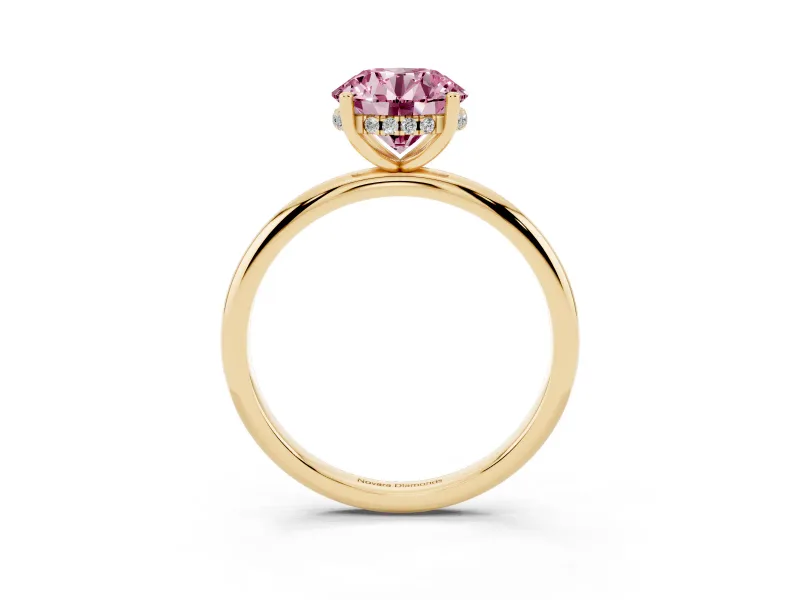 Round Micro-Prong Hidden Halo Engagement Ring Setting for a Fancy Pink Lab-Grown Diamond | Plain Band | Yellow Gold