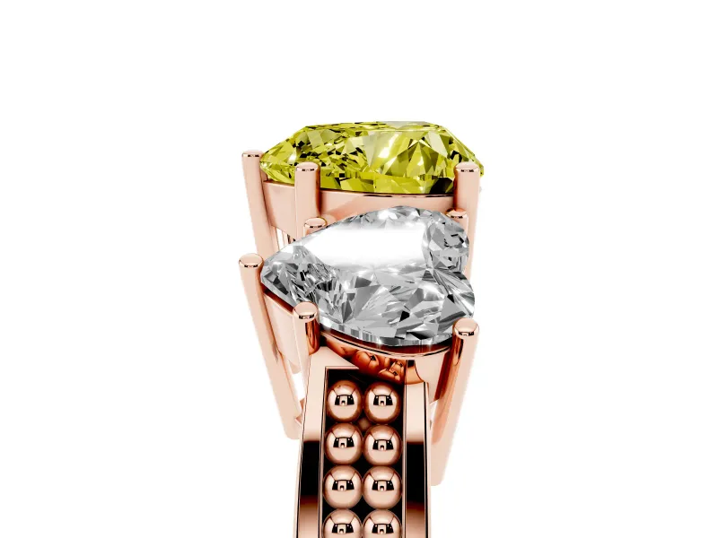 Heart-Shaped Three Stone Engagement Ring Setting for a Fancy Yellow Lab-Grown Diamond | Beaded Shoulders | Rose Gold
