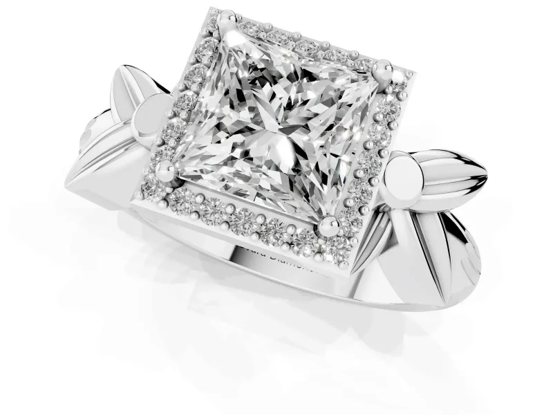 Princess Cut Floral Halo Engagement Ring Setting | Leaf Shoulders | White Gold