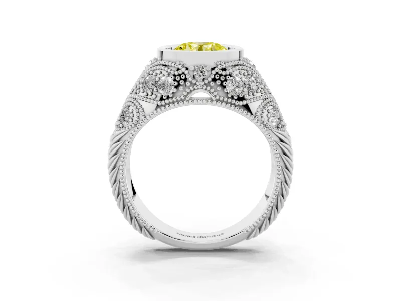 Fancy Yellow Round Cut Diamond Bezel Ring Set in Silver with Milgrain Accent Band