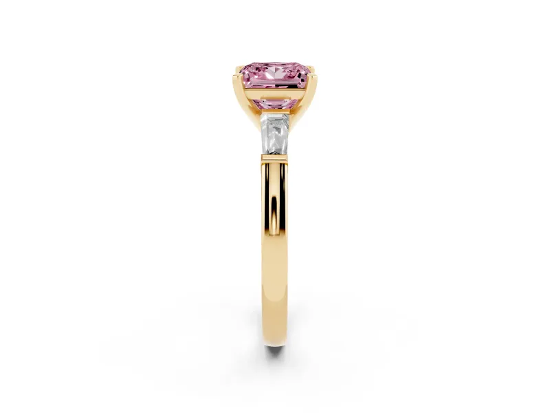 Fancy Pink Princess Cut Diamond Solitaire Ring Set in Yellow gold with Tapered Baguette Side Stones and Prong Setting