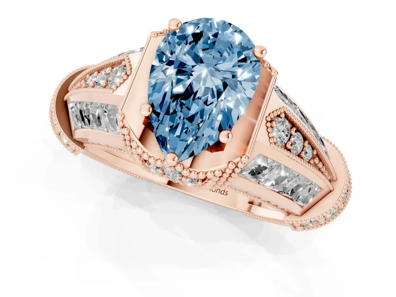 Pear-Shaped Vintage Milgrain Engagement Ring Setting for a Fancy Blue Lab-Grown Diamond | Hidden Halo | Rose Gold