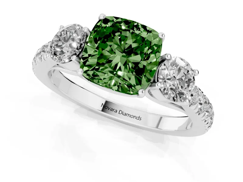 Fancy Green Cushion Cut Diamond Three-Stone Ring Set in Silver with Round Side Stones and Delicate Pavé Band