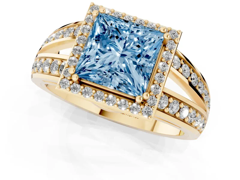 Princess Cut Halo Engagement Ring Setting for a Fancy Blue Lab-Grown Diamond | Two-Row Pave Split Shank | Yellow Gold