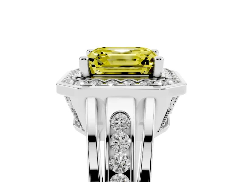 Asscher Cut Halo Engagement Ring Setting for a Fancy Yellow Lab-Grown Diamond | Split Shank | Sterling Silver