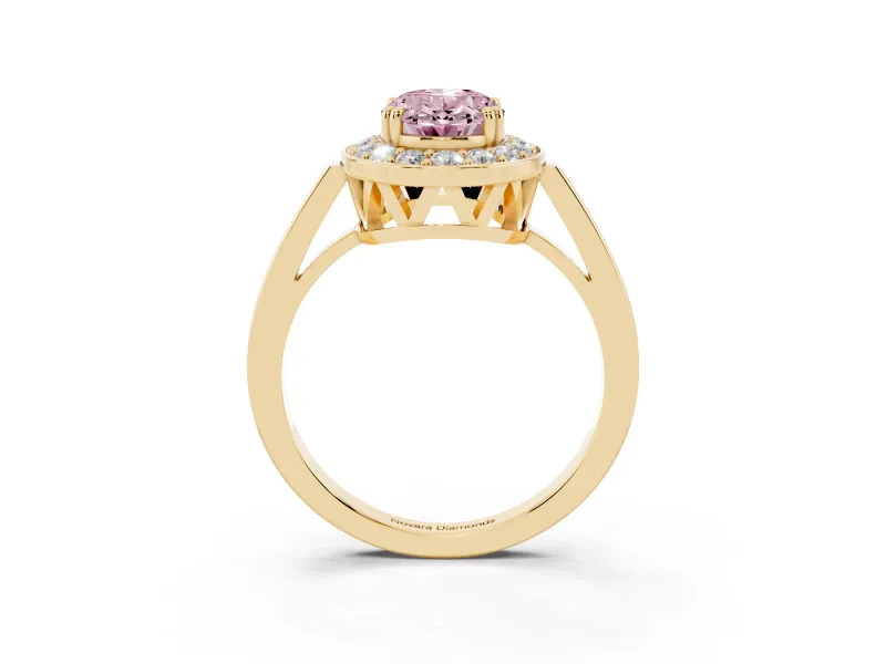 Oval Halo Engagement Ring Setting for a Fancy Pink Lab-Grown Diamond | Polished Halo Rim | Yellow Gold
