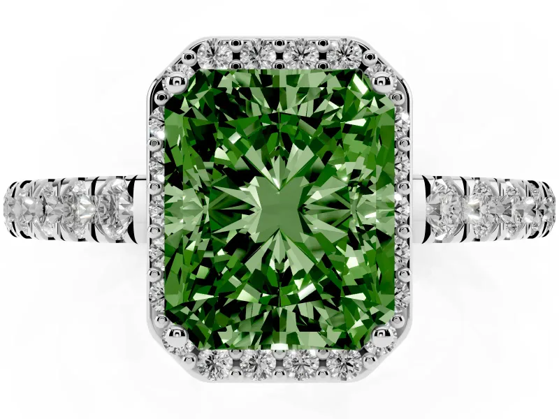 Fancy Green Radiant Cut Diamond Halo Engagement Ring Set in Silver with Pavé Band and Prong Setting
