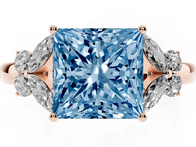 Fancy Blue Princess Cut Diamond Solitaire Floral Ring Set in Rose gold with Marquise Petals and Prong Setting