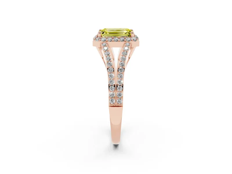 Emerald Cut Halo Engagement Ring Setting for a Fancy Yellow Lab-Grown Diamond | V-Split Pavé Band | Rose Gold