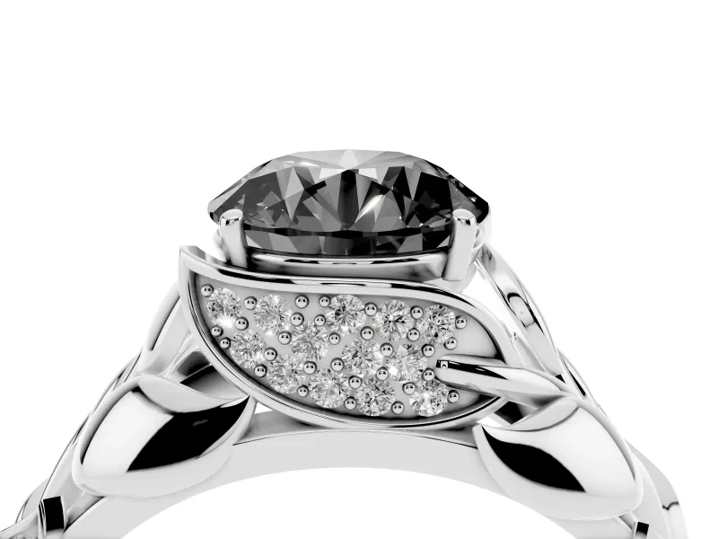 Fancy Black Round Cut Diamond Leaf-Inspired Engagement Ring Set in Silver with Round Accents