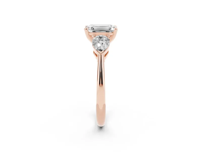 Emerald Cut Three-Stone Engagement Ring Setting | Pear Side Stones | Rose Gold