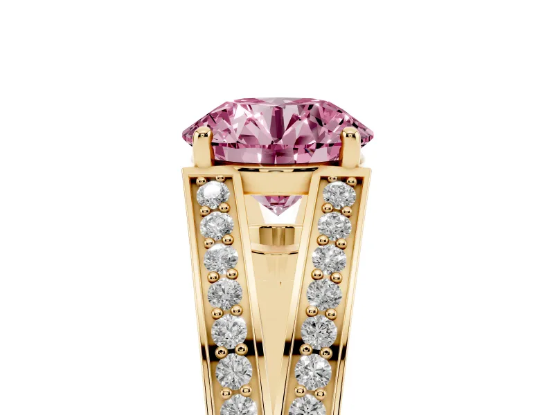 Fancy Pink Round Cut Diamond Split Shank Ring Set in Yellow gold with Pavé Band and Prong Setting