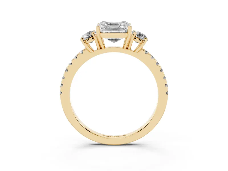 Asscher Cut Three Stone Engagement Ring Setting | Pave Shoulders | Yellow Gold