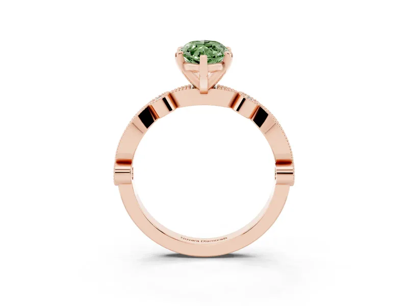 Fancy Green Marquise Cut Diamond Solitaire Engagement Ring Set in Rose gold with Milgrain Bezel Accent Band
