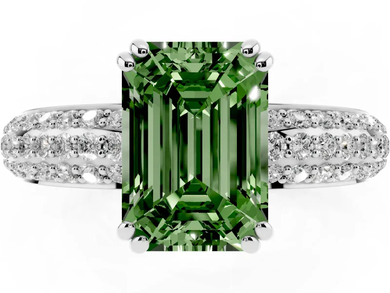 Emerald Cut Three Row Pave Engagement Ring Setting for a Fancy Green Lab-Grown Diamond | Double Claws | Sterling Silver