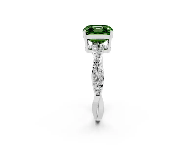 Fancy Green Asscher Cut Diamond Solitaire Twisted Pavé Ring Set in Platinum with Prong Setting