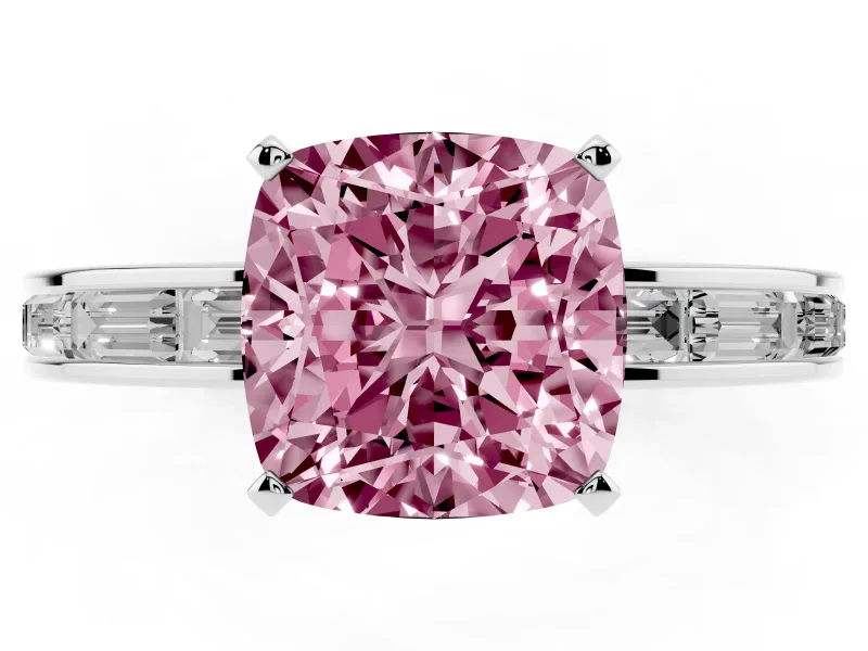 Fancy Pink Cushion Cut Diamond Solitaire Ring Set in White gold with Channel-Set Baguette Band and Prong Setting